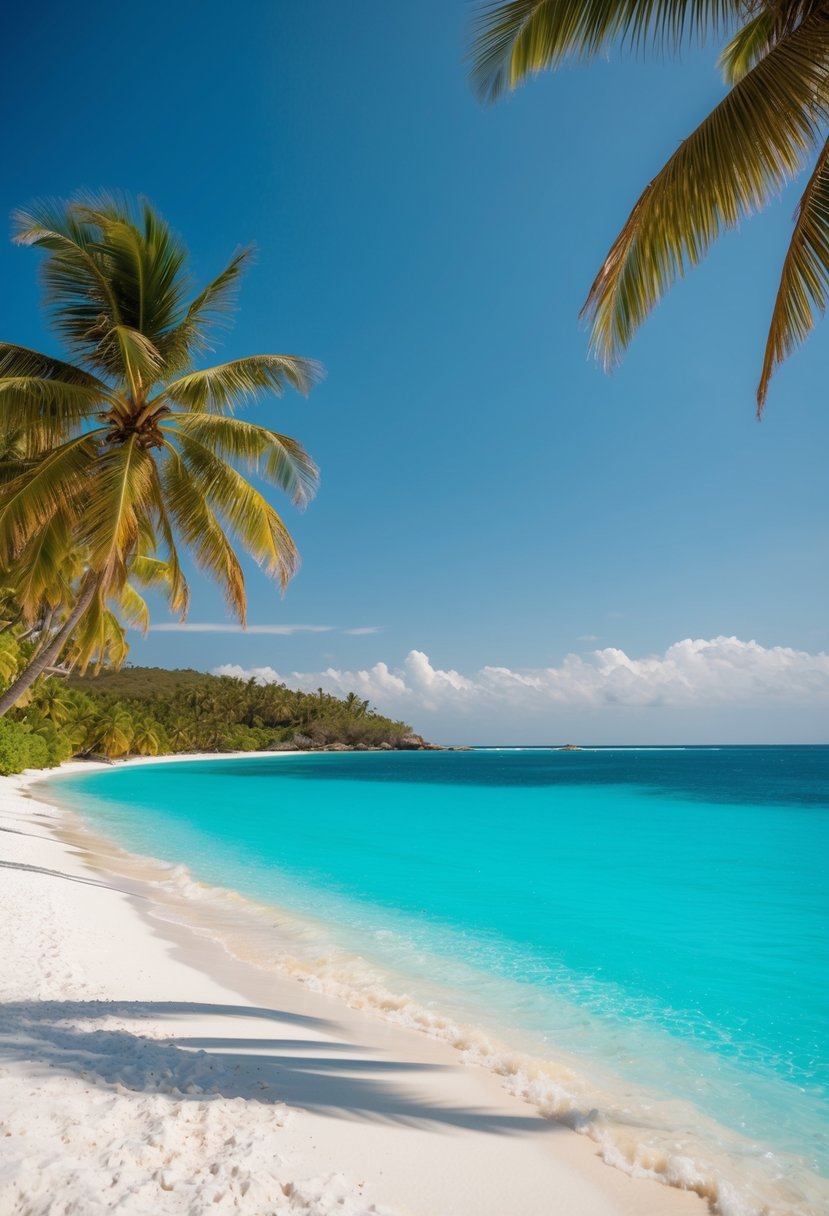 Crystal clear turquoise waters lap against the powdery white sand of Grace Bay, with palm trees swaying in the gentle breeze under a cloudless sky