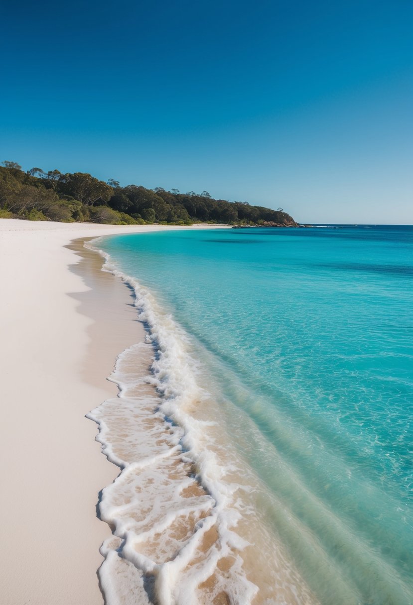 Crystal-clear water meets pure white sand at Whitehaven Beach, Australia. Gentle waves lap against the shore, creating a serene and picturesque scene