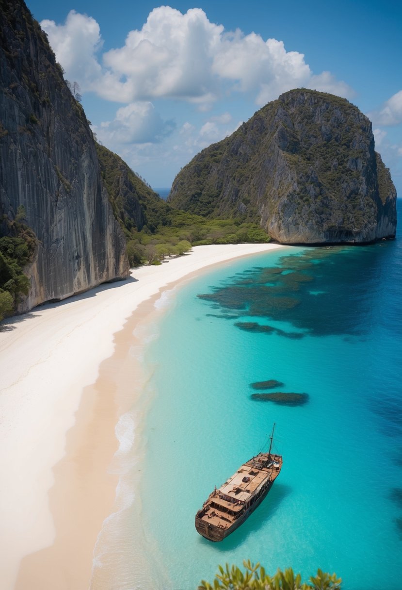 A secluded beach with white sand and turquoise water, surrounded by towering limestone cliffs. A shipwreck sits on the shore, adding to the picturesque landscape
