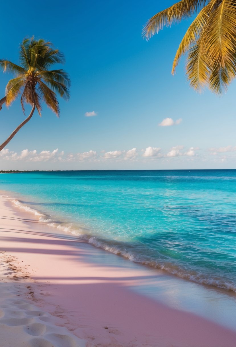 Crystal-clear water laps against soft pink sand under a cloudless blue sky. Palm trees sway gently in the warm breeze, creating a serene and picturesque beach scene