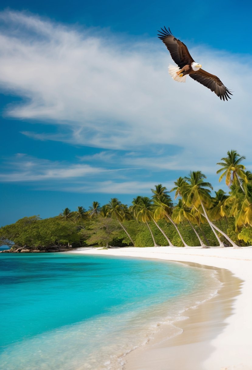 Tropical beach with white sand, crystal-clear turquoise water, and palm trees lining the shore. A lone eagle soars overhead
