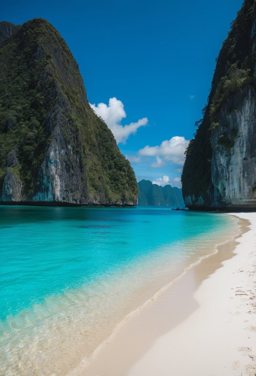 Turquoise waters lap against white sand beaches framed by towering limestone cliffs in El Nido, Philippines