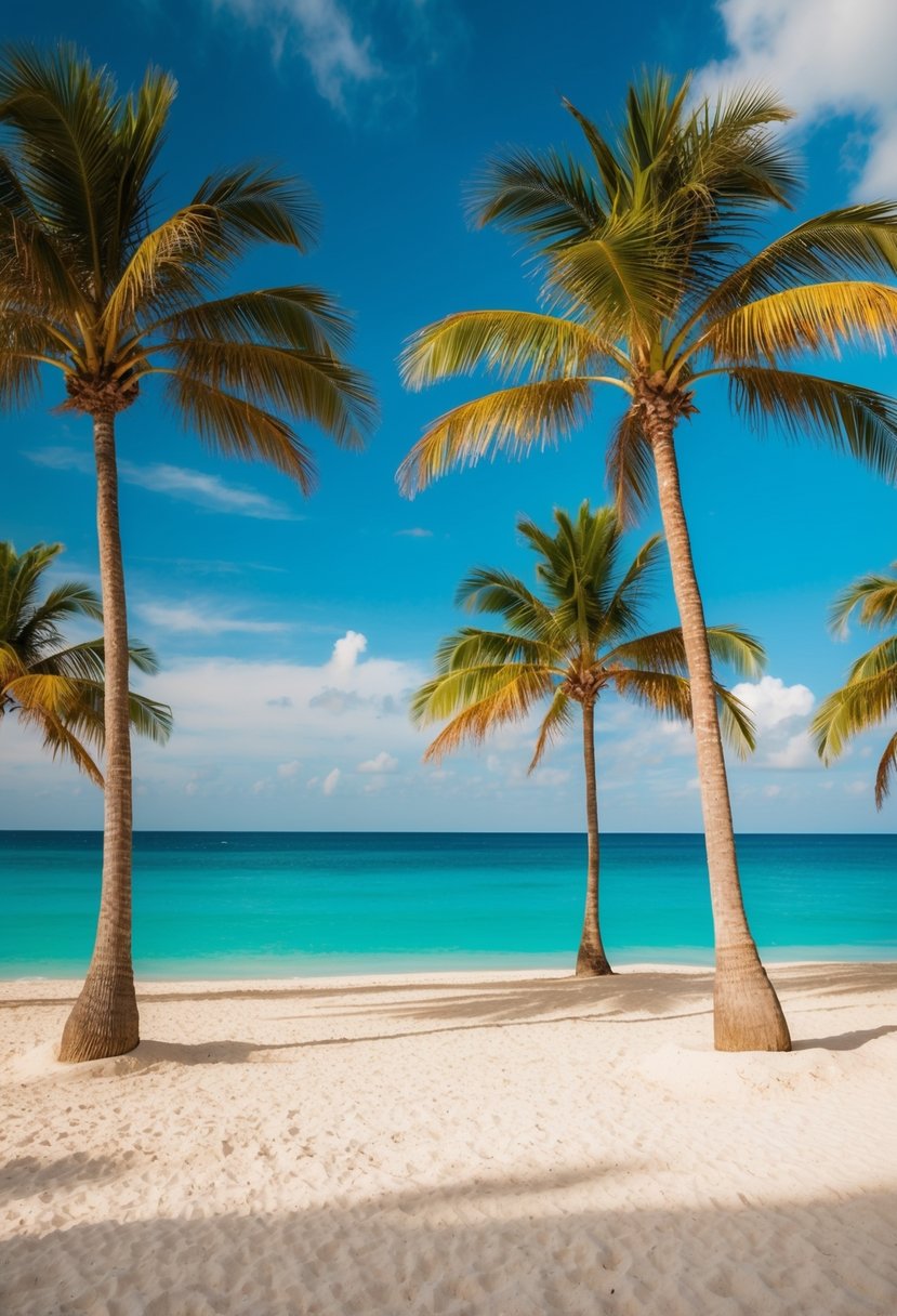Sandy shore with palm trees, turquoise water, and a clear blue sky at Tulum Beach, Mexico