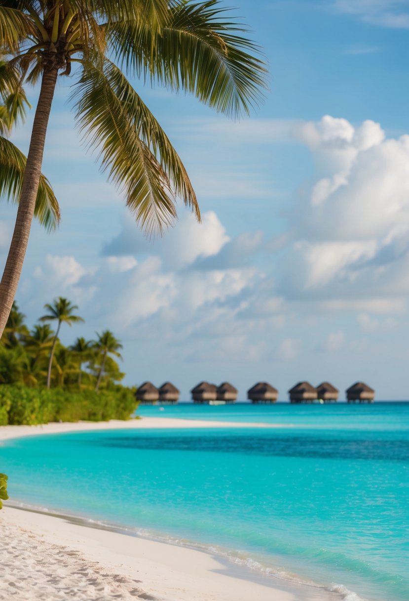 Turquoise water meets white sand at Matira Beach, surrounded by lush greenery and palm trees, with the iconic overwater bungalows in the distance