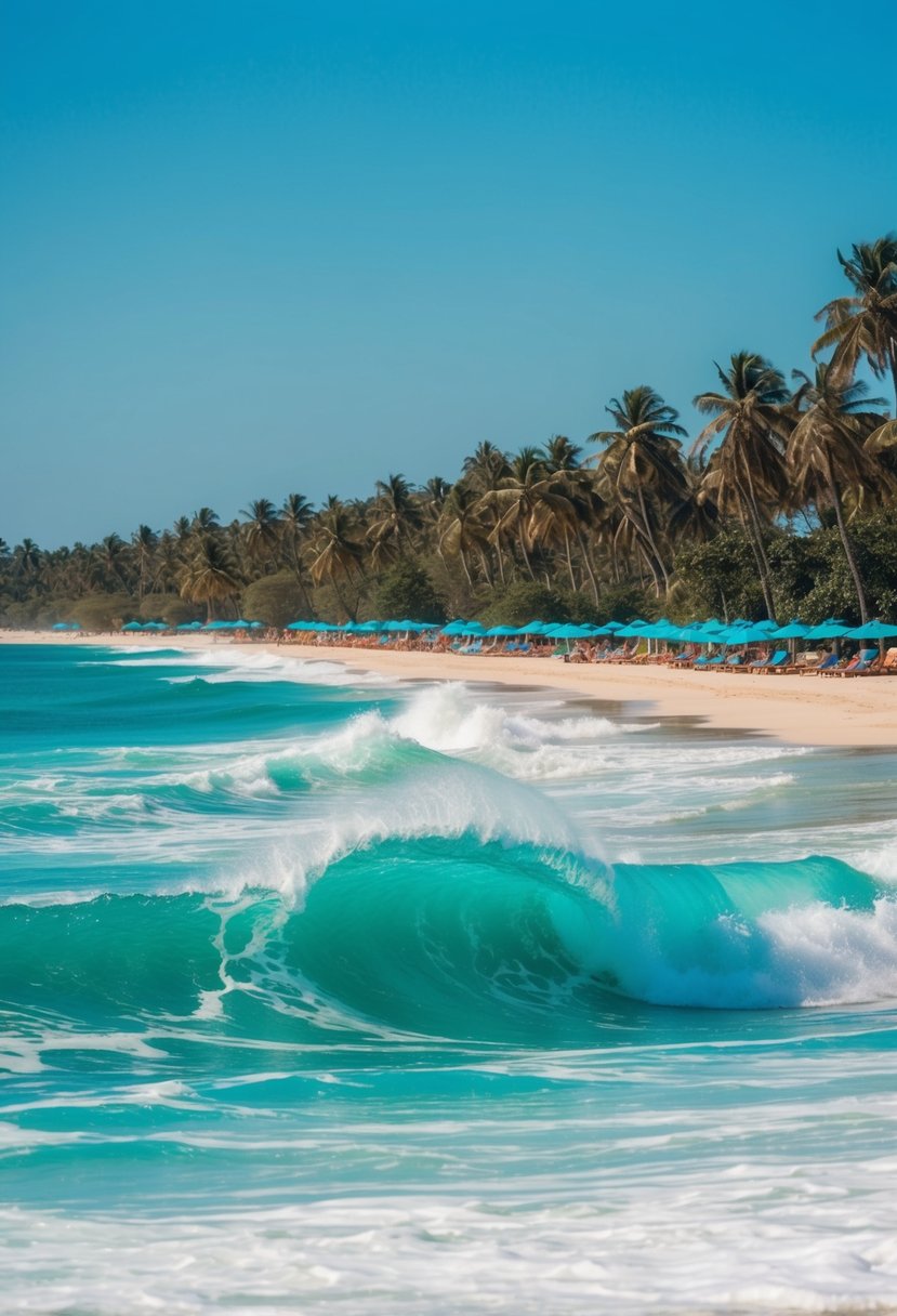 Turquoise waves crash onto white sandy shore lined with palm trees and beach umbrellas under a clear blue sky at Diani Beach, Kenya