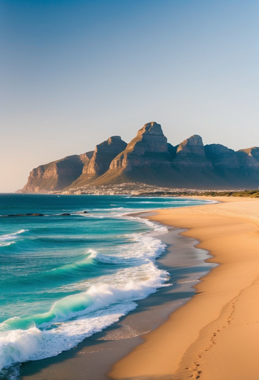 The golden sands of Camps Bay stretch out against the backdrop of the Twelve Apostles mountain range, with turquoise waves crashing onto the shore