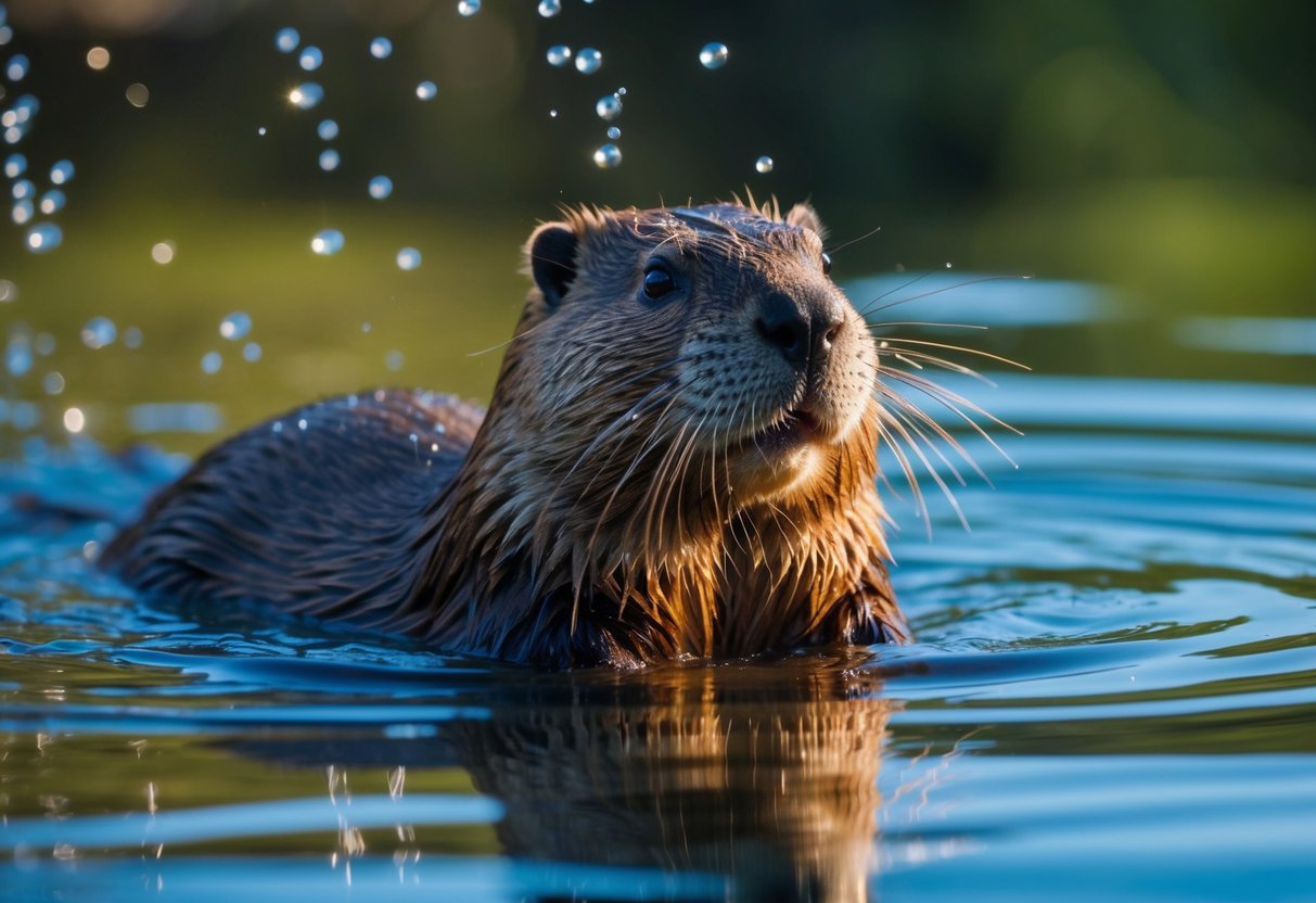 A beaver surfaces, water droplets glistening in the sunlight as it takes a deep breath before diving back into the tranquil pond