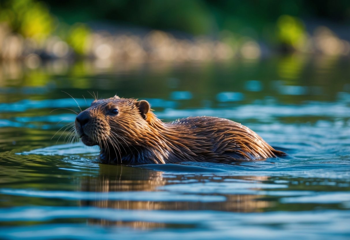A beaver surfaces in a calm river, its sleek, brown fur glistening in the sunlight as it takes a deep breath before diving back underwater