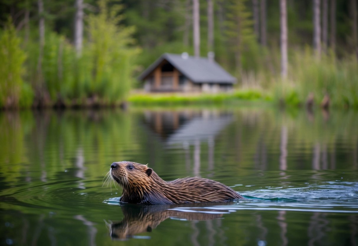 A beaver swims to the surface of a tranquil pond, surrounded by a dense thicket of trees and shrubs. A large lodge sits at the water's edge, blending seamlessly into the natural landscape