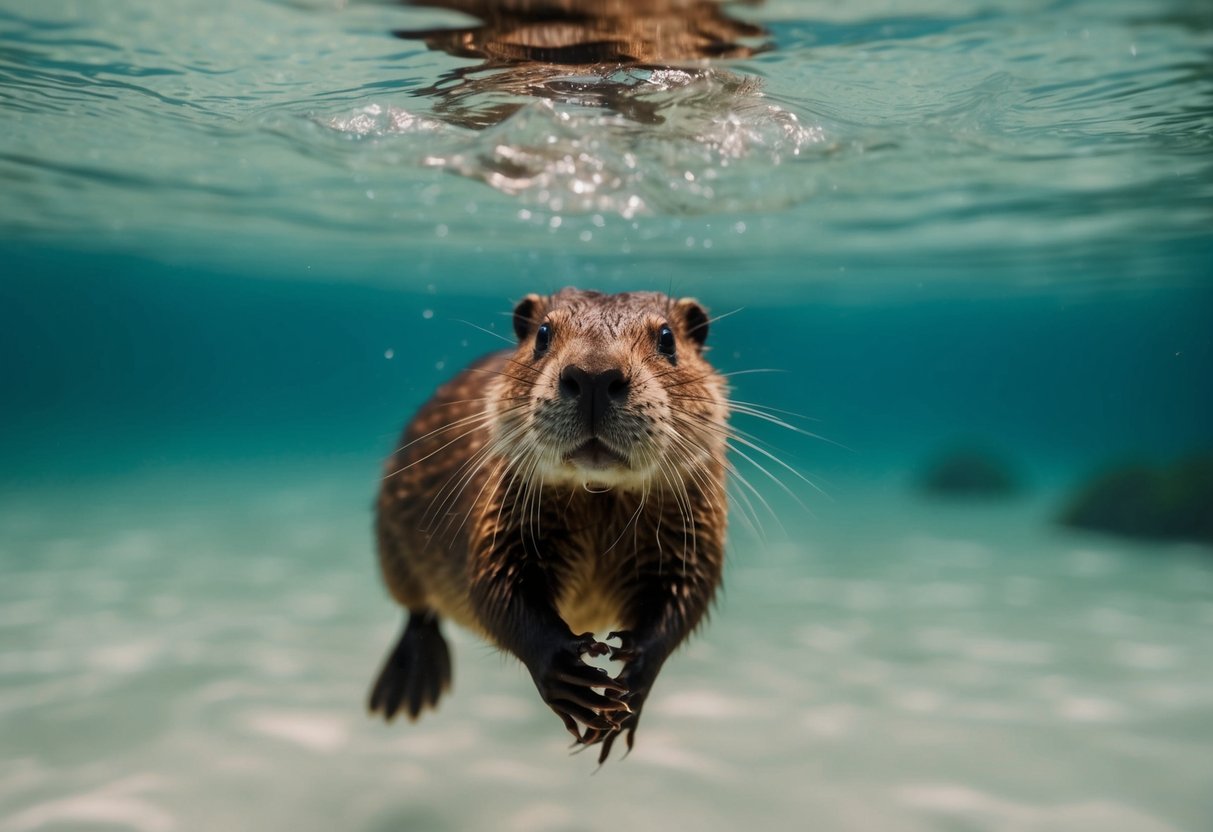A beaver swims gracefully underwater, emerging to take a quick breath before diving back down