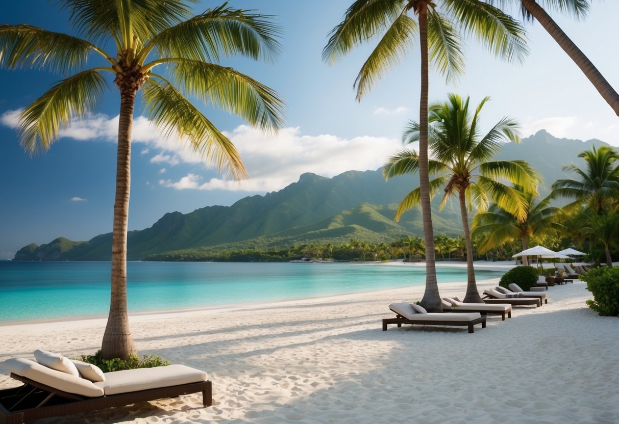 A luxurious beachfront resort with palm trees, white sand, and crystal-clear waters, surrounded by lush green mountains in the distance