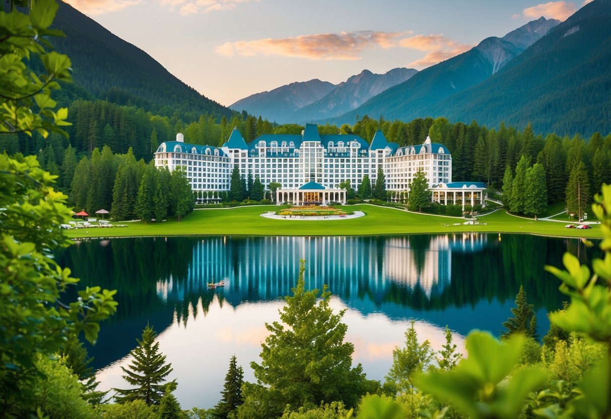 Lush greenery surrounds a grand, luxurious resort nestled in the mountains. A sparkling lake reflects the elegant architecture, while guests enjoy outdoor activities