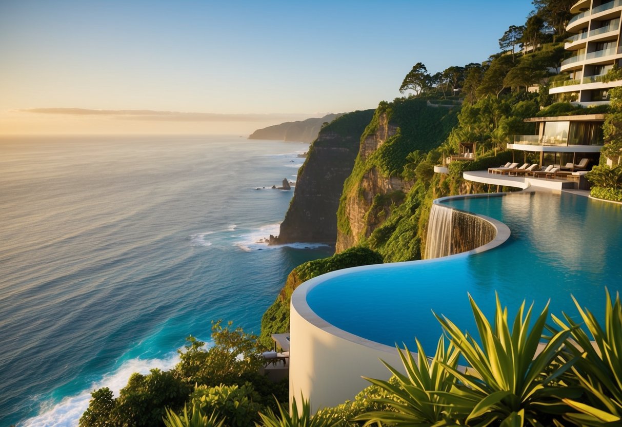 A cliffside resort overlooks the Pacific Ocean. Cascading infinity pools blend into the horizon, surrounded by lush greenery and modern architecture