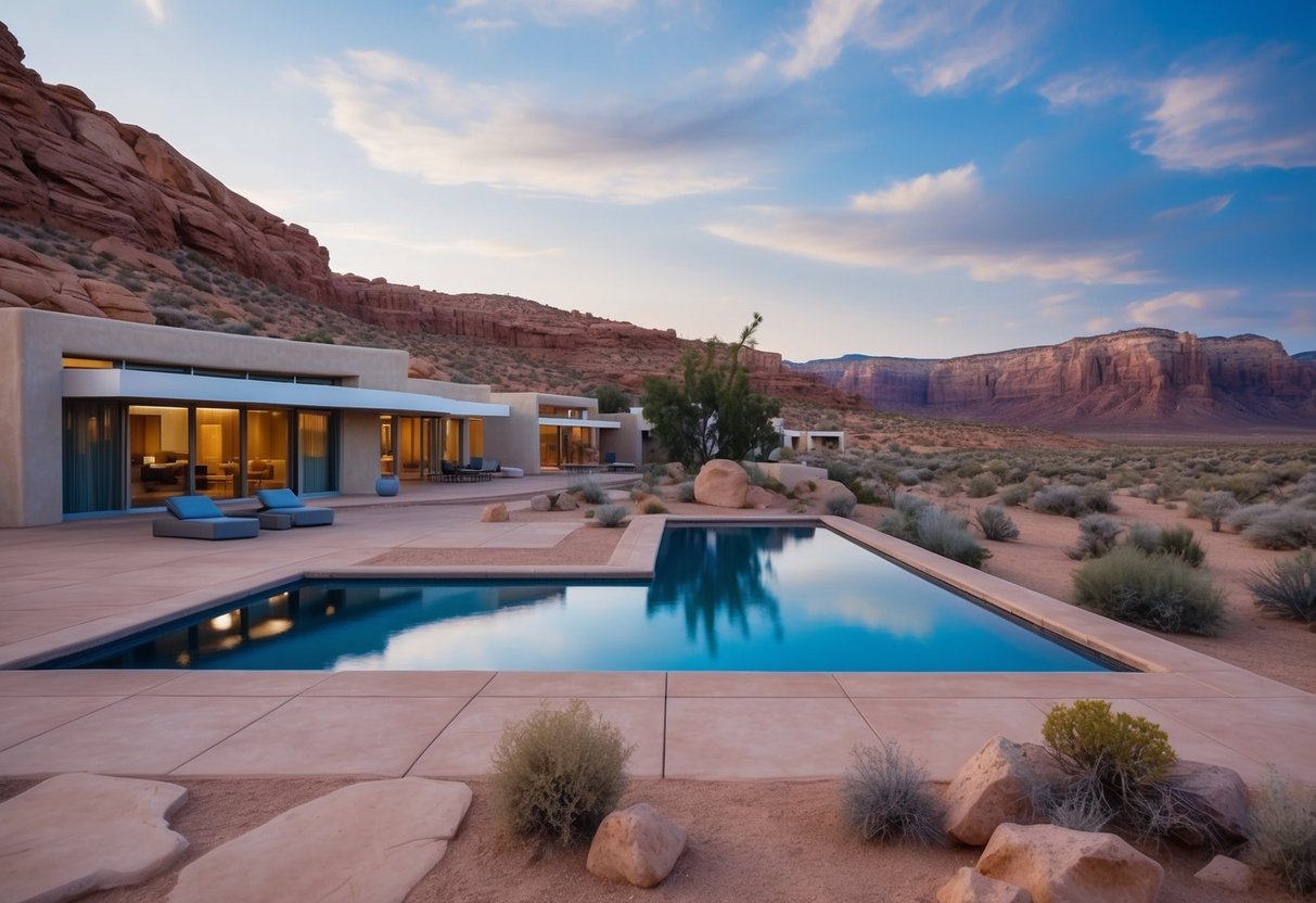 A serene desert landscape with modern architecture nestled among rocky cliffs and a tranquil pool at Amangiri, Utah