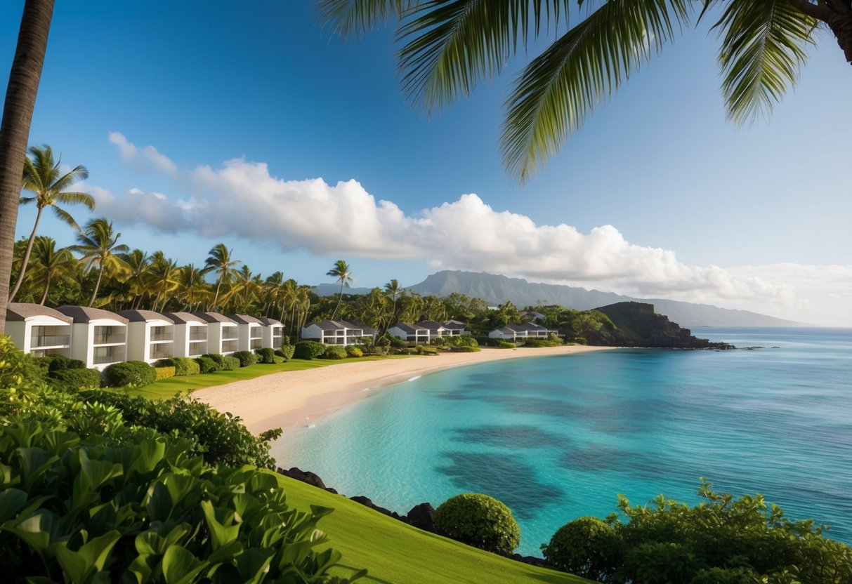 A serene beachfront resort in Hawaii with lush greenery, palm trees, and luxurious villas overlooking the crystal-clear ocean