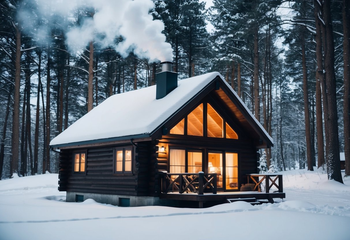 A cozy cabin nestled in a snow-covered forest, with smoke curling from the chimney and a warm glow emanating from the windows