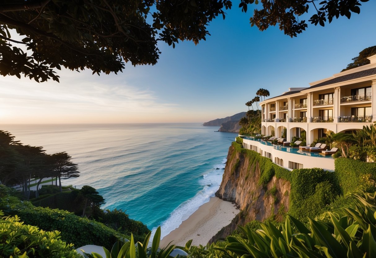 A luxurious resort perched on a cliff overlooking the Pacific Ocean. Lush greenery, elegant architecture, and a pristine beach create a stunning backdrop