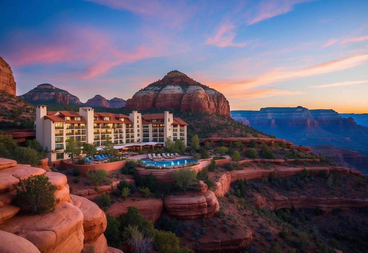 A stunning view of Enchantment Resort nestled in the red rock landscape of Sedona, with luxurious accommodations and natural beauty