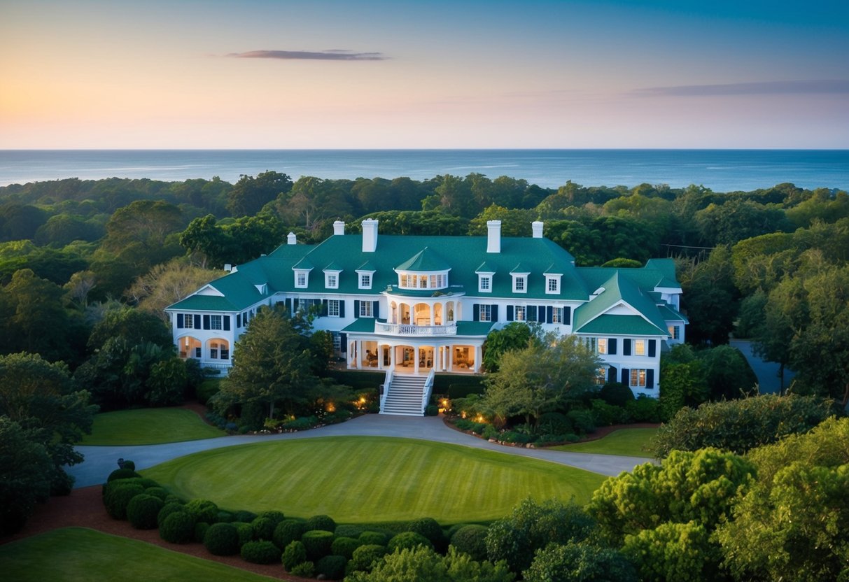 A grand, luxurious lodge nestled among lush greenery with a backdrop of the tranquil ocean at Sea Island, Georgia