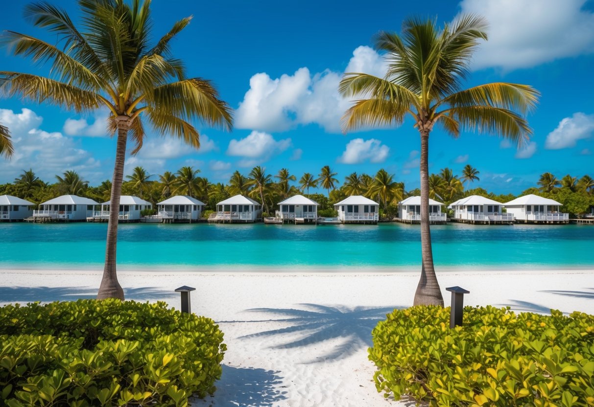 Tropical beach with palm trees, crystal-clear water, luxury bungalows, and white sandy beaches at Little Palm Island, Florida Keys