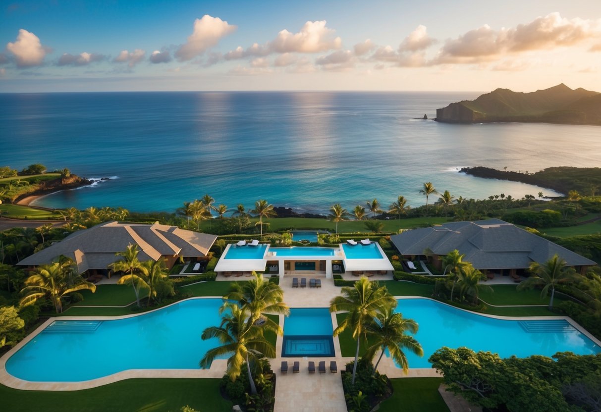 Aerial view of Montage Kapalua Bay, Maui with lush tropical landscape, infinity pools, and luxury villas overlooking the ocean