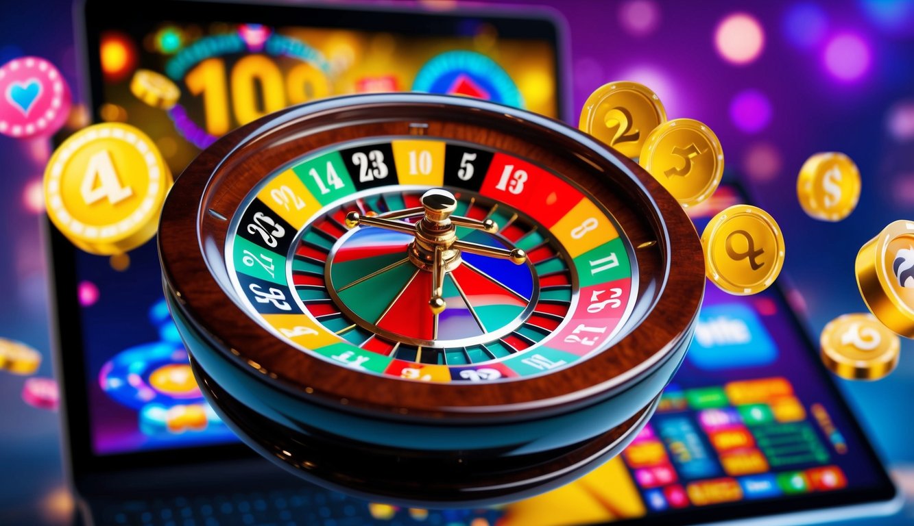 Roda roulette online yang berwarna-warni berputar di layar digital, dikelilingi oleh grafik dan animasi bertema kasino yang cerah.