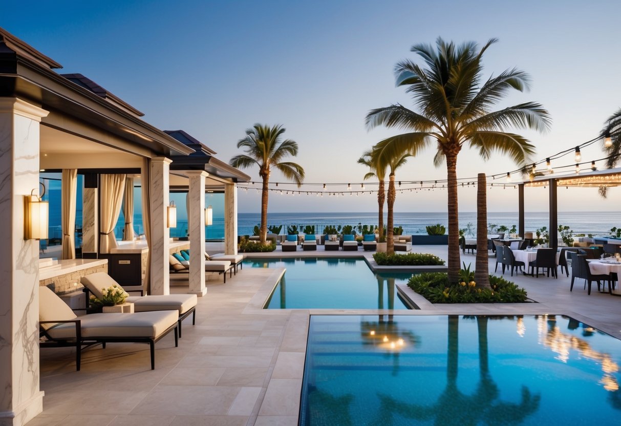 A lavish pool area with cabanas, palm trees, and a view of the ocean. A spa with marble accents and plush lounges. A gourmet restaurant with outdoor seating and string lights