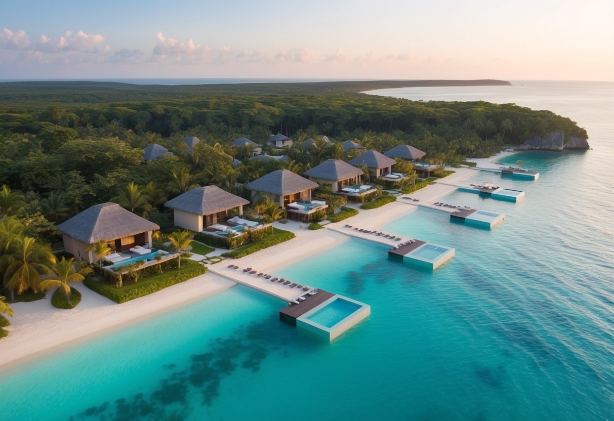 Aerial view of a serene beachfront resort surrounded by lush greenery and crystal-clear waters, with luxurious villas and infinity pools dotting the landscape