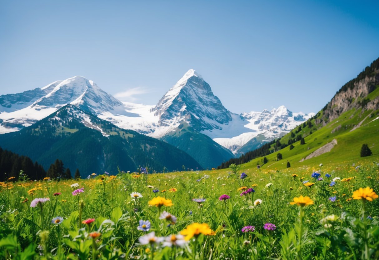 Lush green meadows dotted with colorful wildflowers, surrounded by towering snow-capped mountains under a clear blue sky