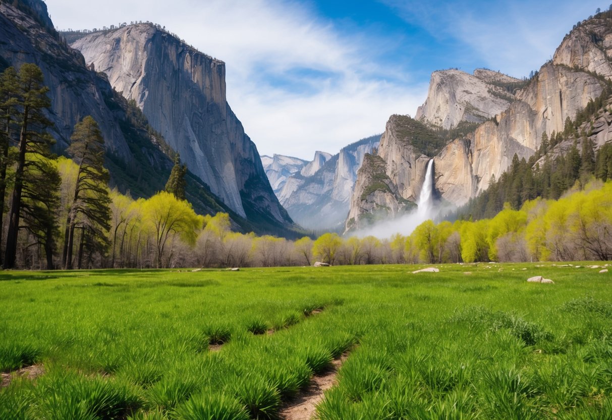 Lush green meadows surrounded by towering granite cliffs and cascading waterfalls in Yosemite National Park in spring