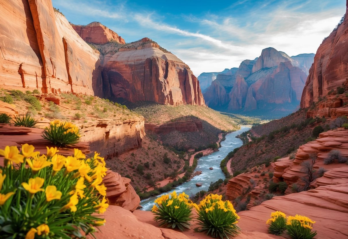 Vibrant wildflowers bloom along the red rock cliffs of Zion National Park in spring, with the rushing Virgin River cutting through the canyon below