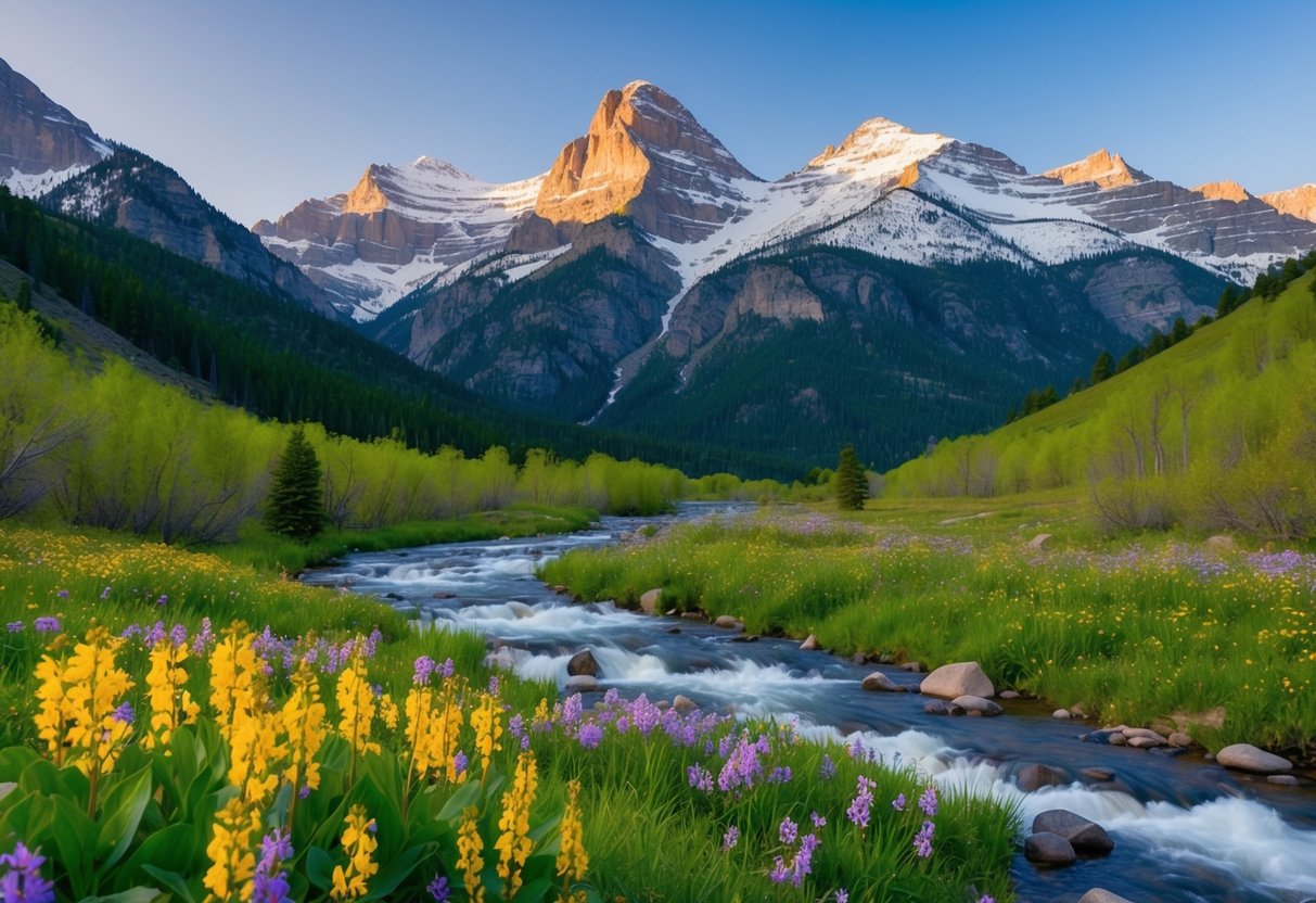 Snow-capped mountains overlook a lush valley of blooming wildflowers and rushing streams in Rocky Mountain National Park in spring