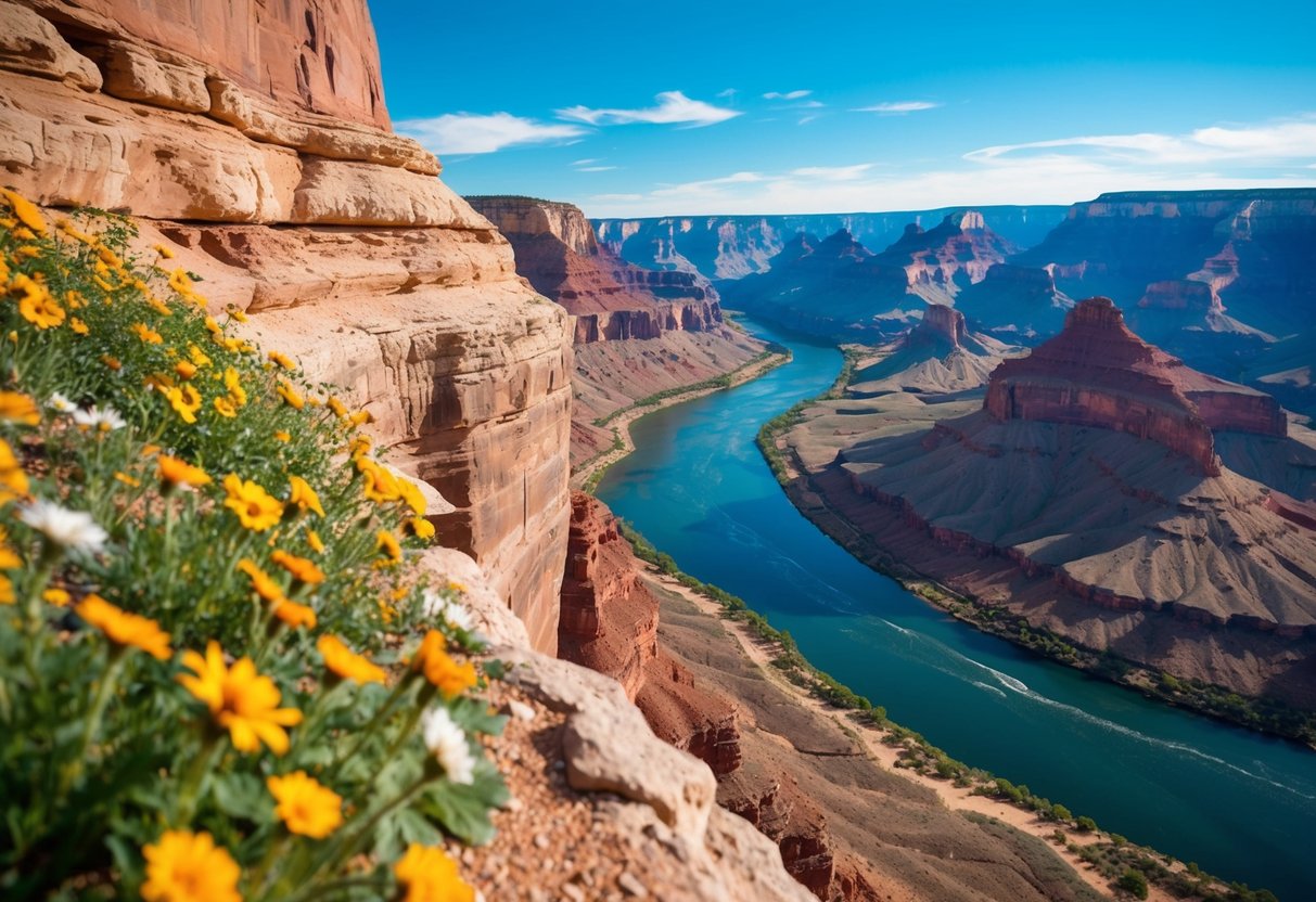Vibrant wildflowers bloom along the rim of the Grand Canyon, with the Colorado River winding through the ancient rock formations below