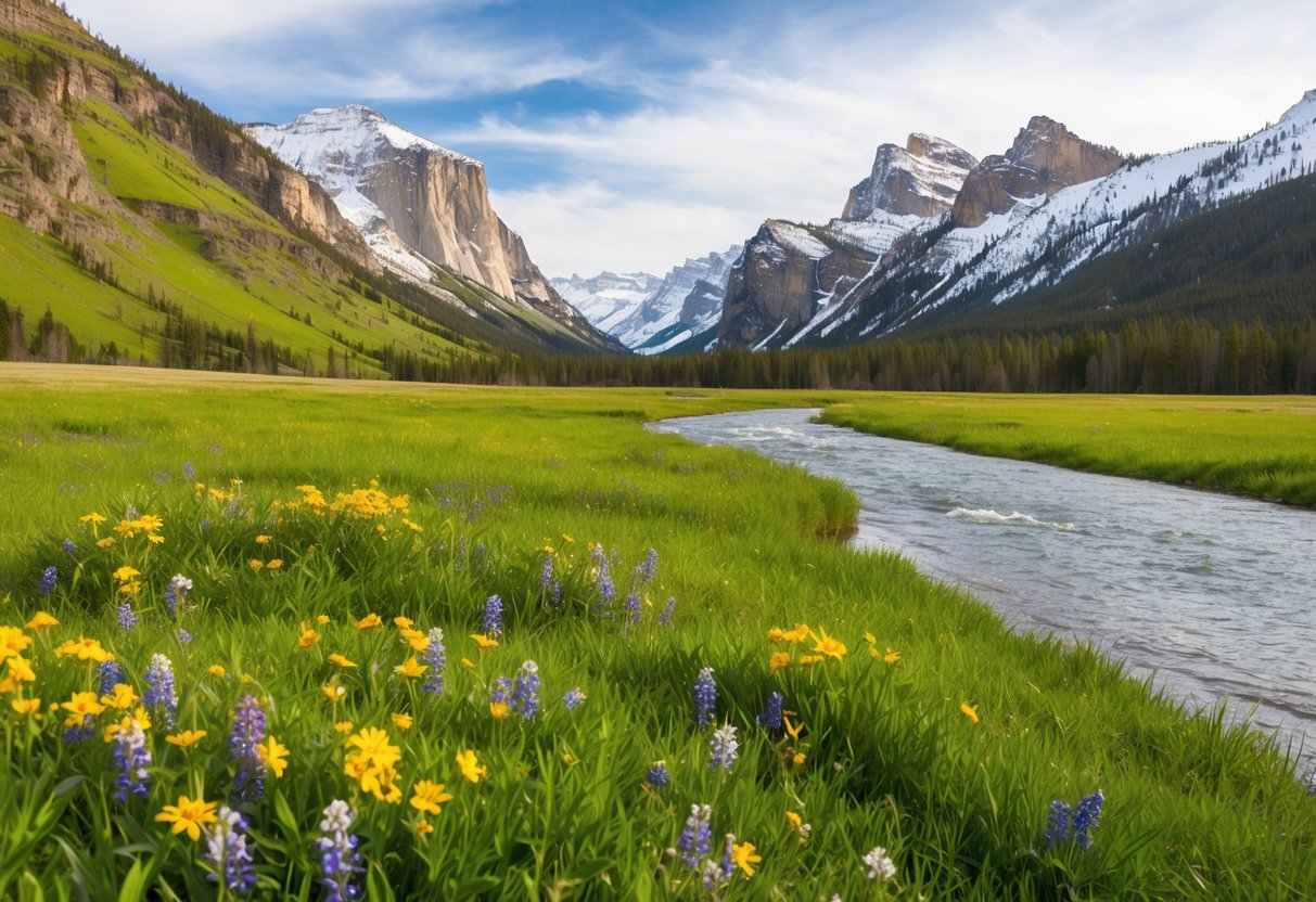 Lush green meadows dotted with colorful wildflowers, surrounded by towering snow-capped mountains, and a crystal-clear river flowing through Yellowstone National Park in spring
