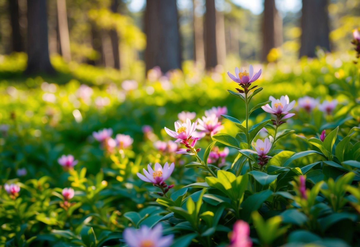 Lush greenery and blooming wildflowers in Acadia National Park during spring