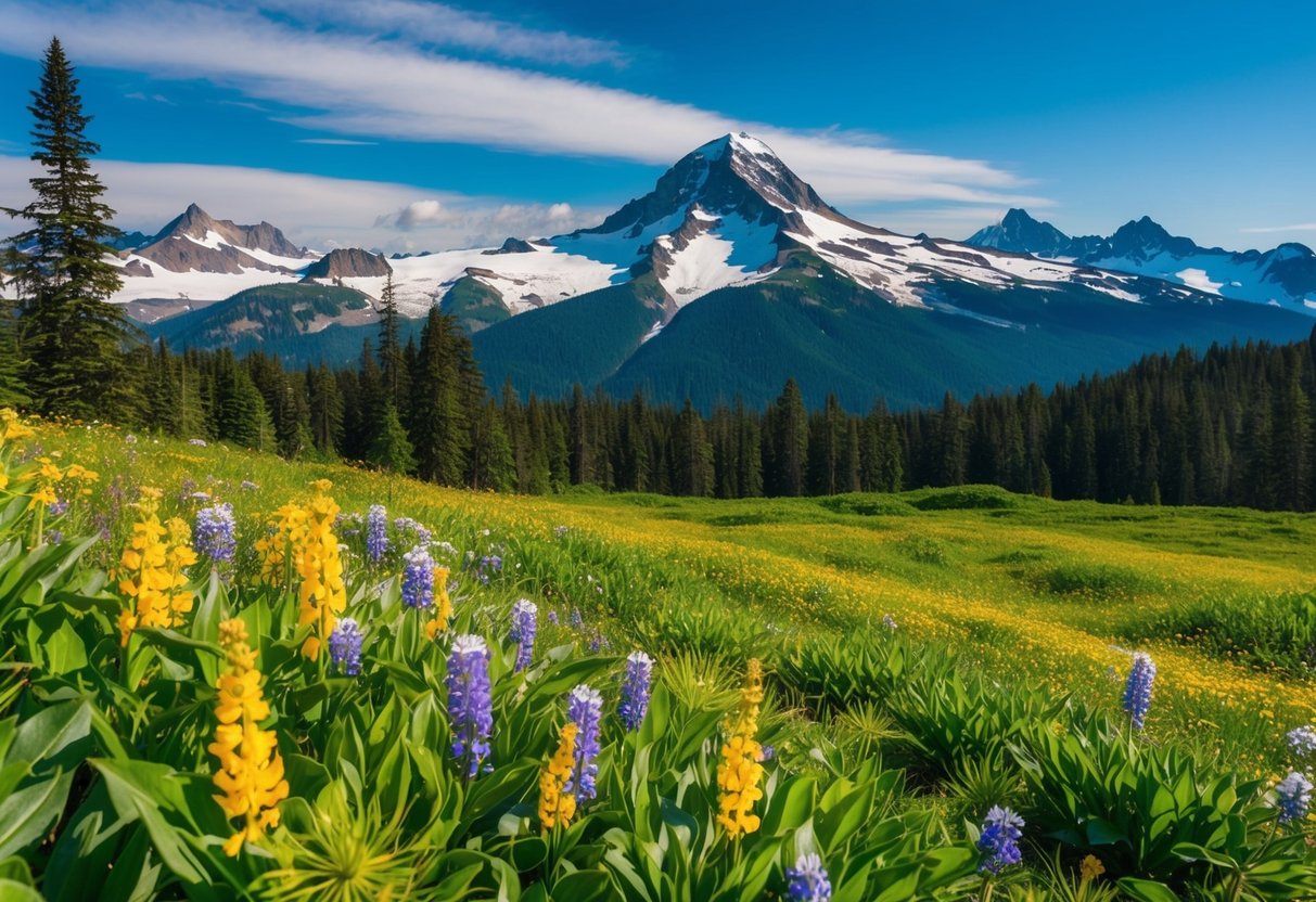 Lush green forests, vibrant wildflowers, and snow-capped mountains in Olympic National Park in spring