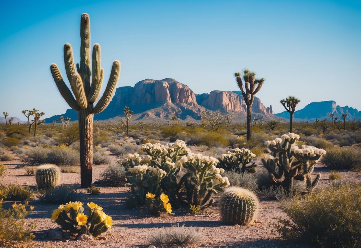 Blooming cacti and wildflowers cover the desert floor. A clear blue sky stretches above rugged rock formations and iconic Joshua trees