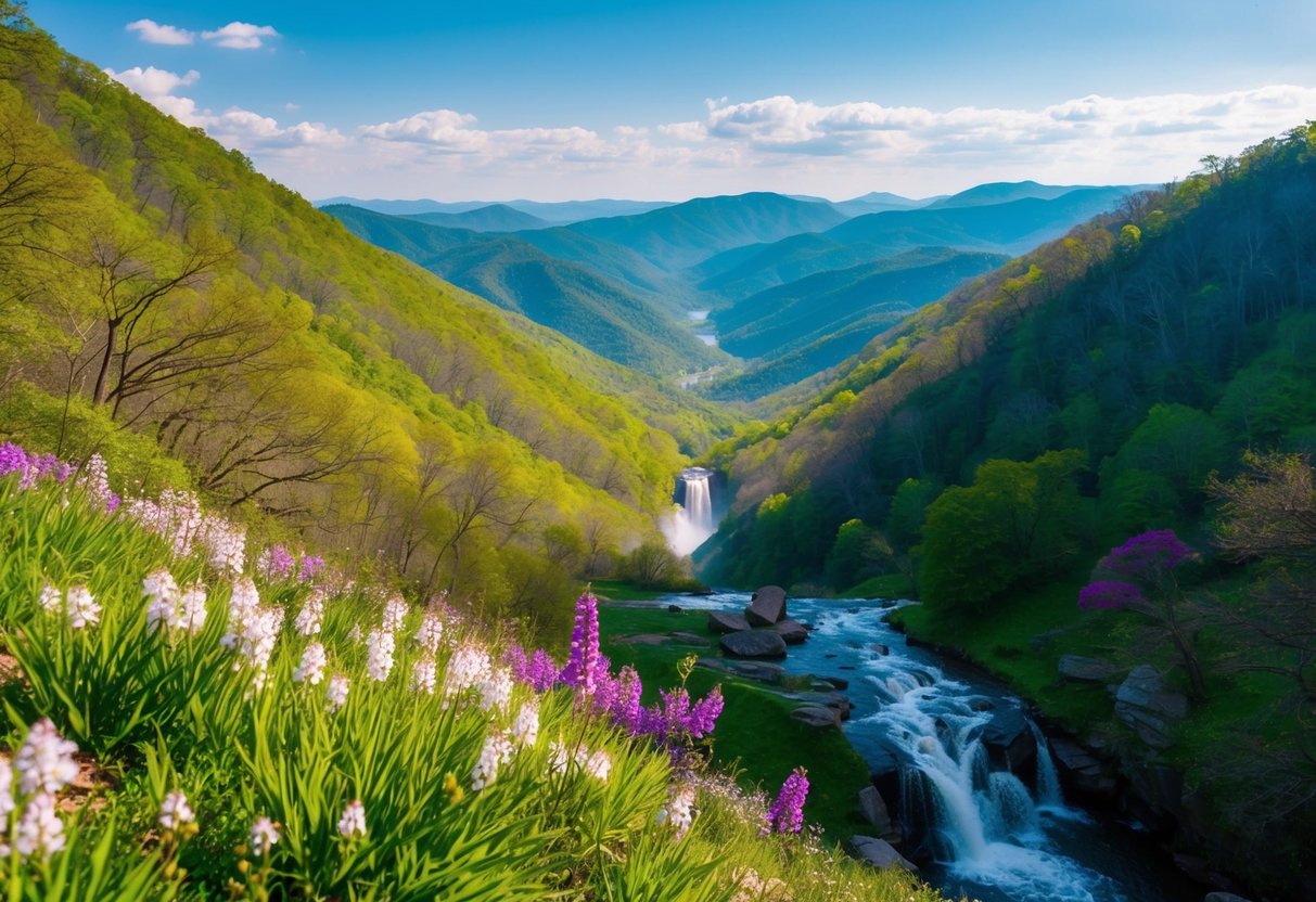 Lush green mountains with blooming wildflowers and cascading waterfalls in Shenandoah National Park in spring