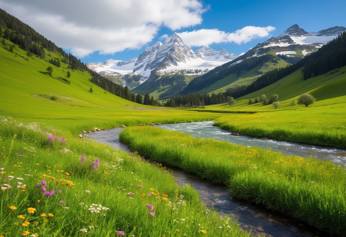 Lush green meadows dotted with colorful wildflowers, snow-capped peaks in the background, and a crystal-clear river flowing through the valley