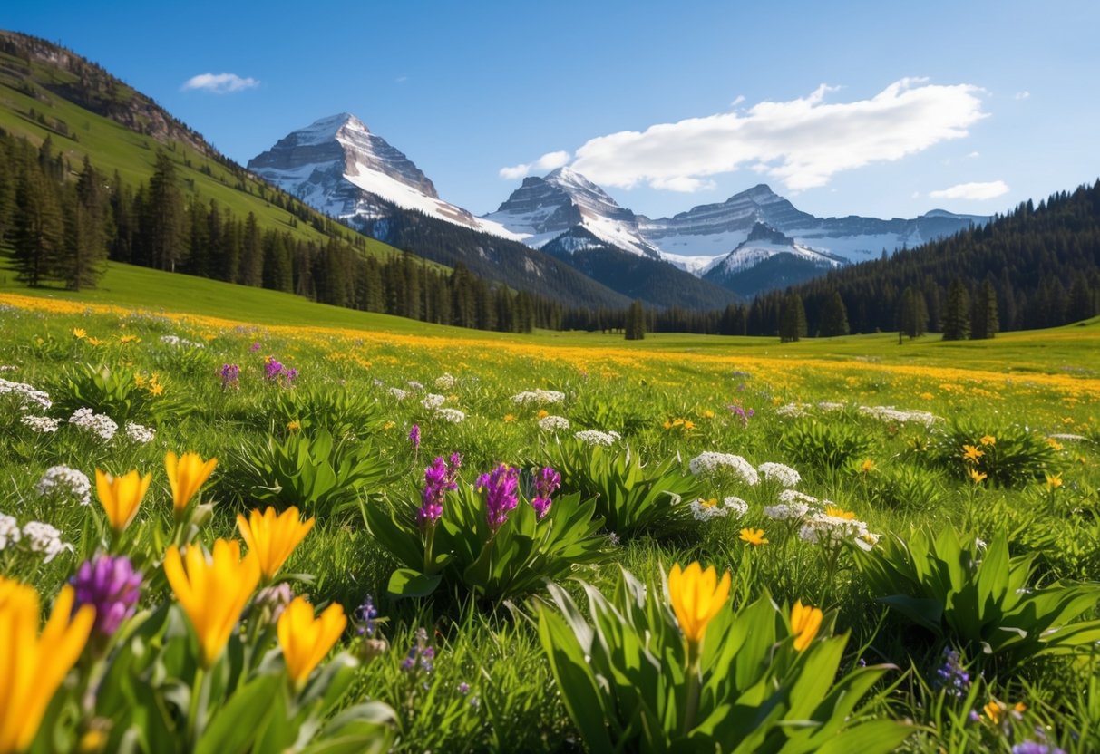 Lush green meadows, colorful wildflowers, and snow-capped peaks in the distance at a national park in spring