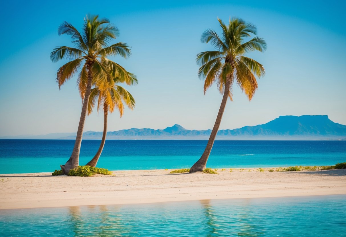 A serene beach with palm trees and crystal-clear water, with a distant mountain range in the background