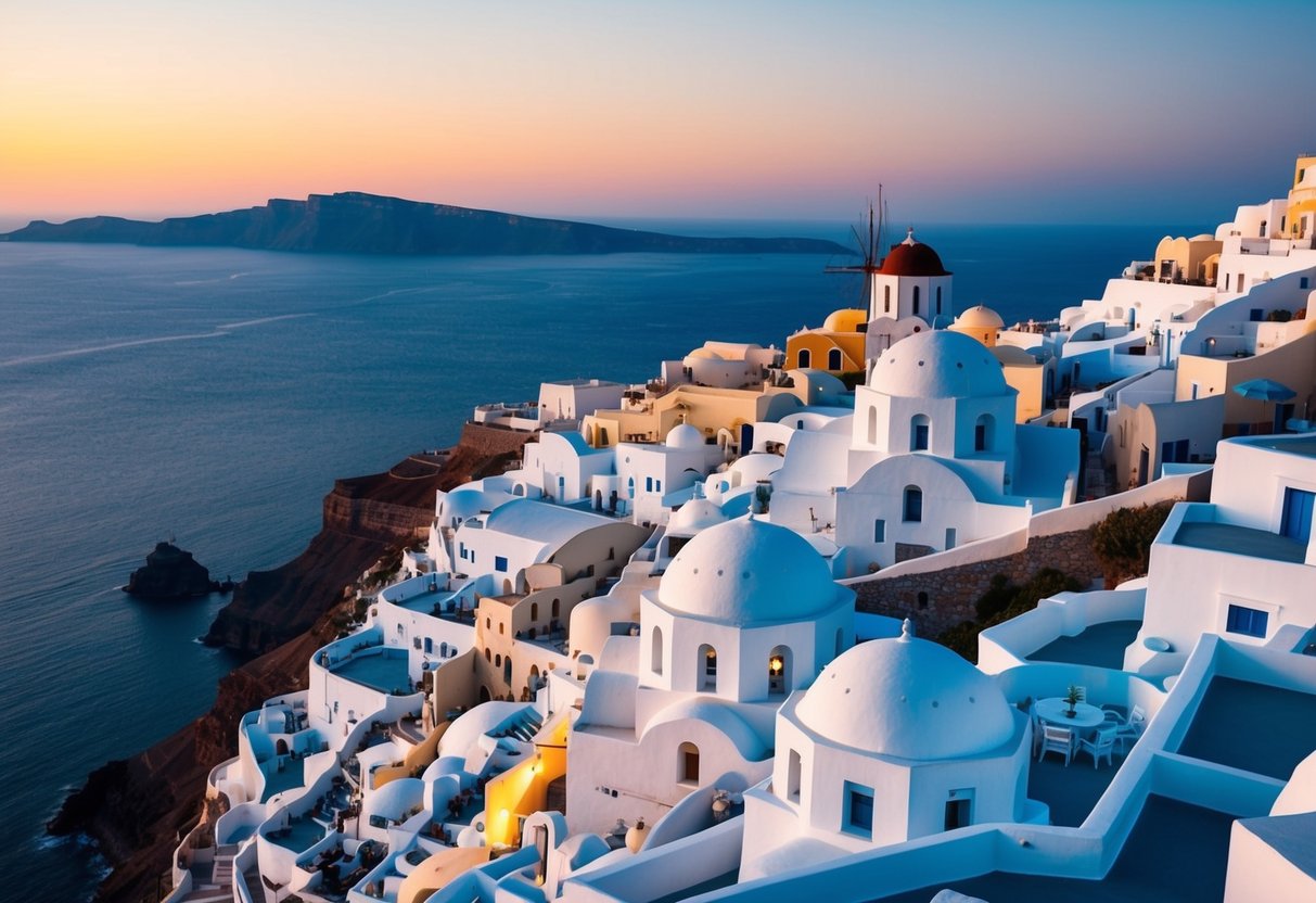 The iconic white buildings of Santorini perched on the cliffside, overlooking the deep blue Aegean Sea. The sun sets behind the picturesque scene, casting a warm glow over the island