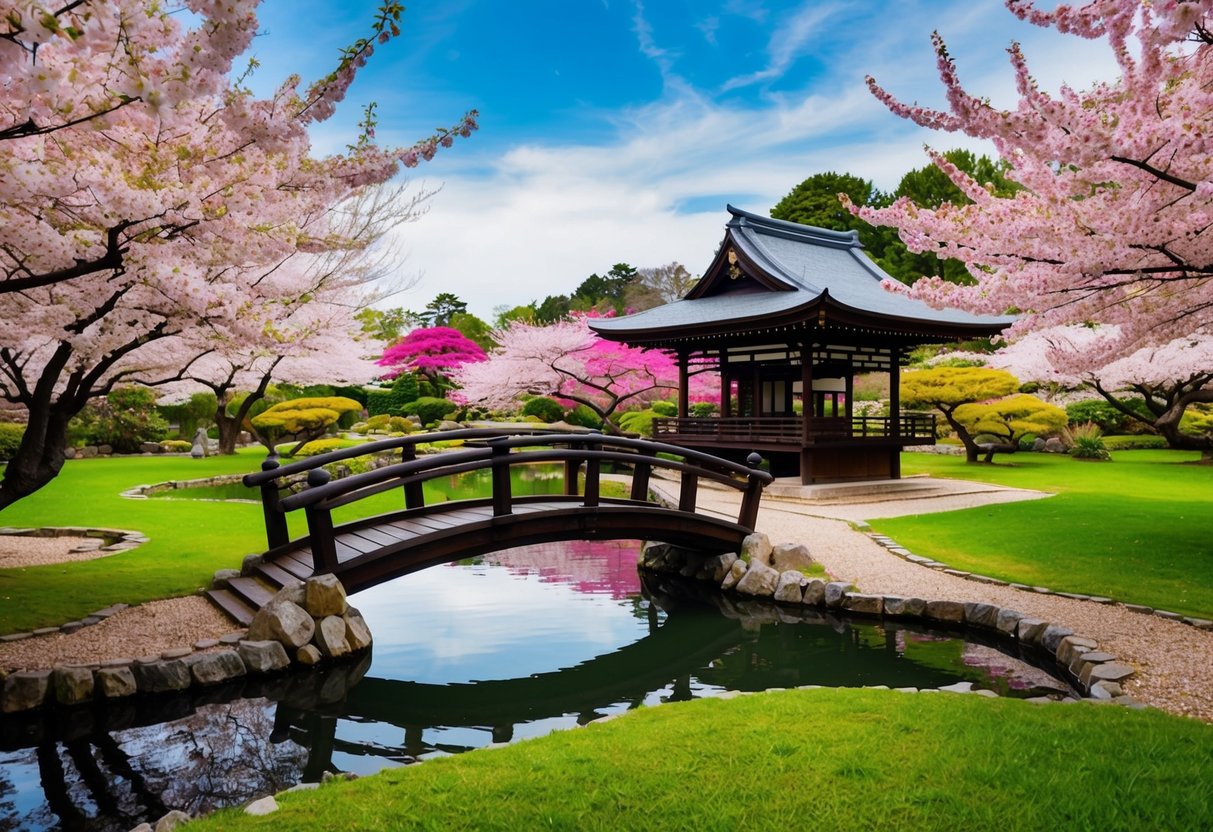 A serene Japanese garden with a traditional wooden bridge over a peaceful pond, surrounded by vibrant cherry blossom trees in full bloom