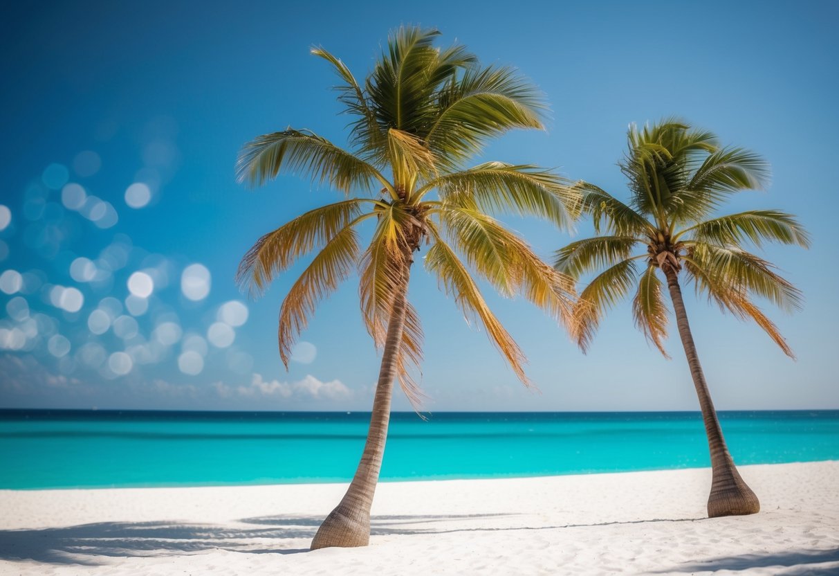 Palm trees sway on a white sandy beach, with turquoise waters and a clear blue sky in the background