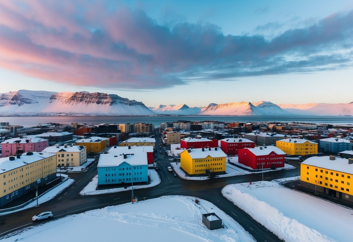 Aerial view of Reykjavik's colorful buildings and snowy mountains