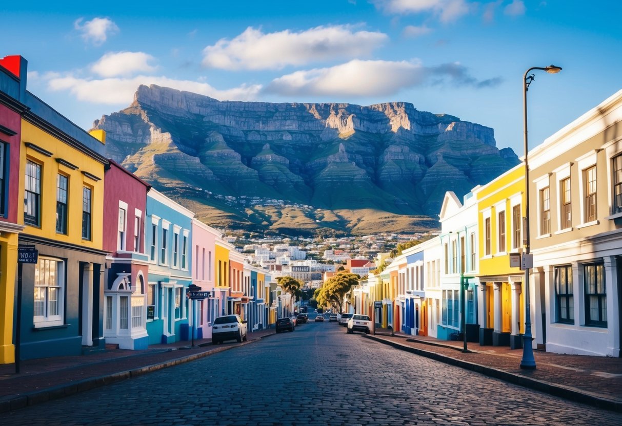 The iconic Table Mountain overlooks the colorful Bo-Kaap neighborhood, with vibrant homes lining the cobblestone streets in Cape Town, South Africa