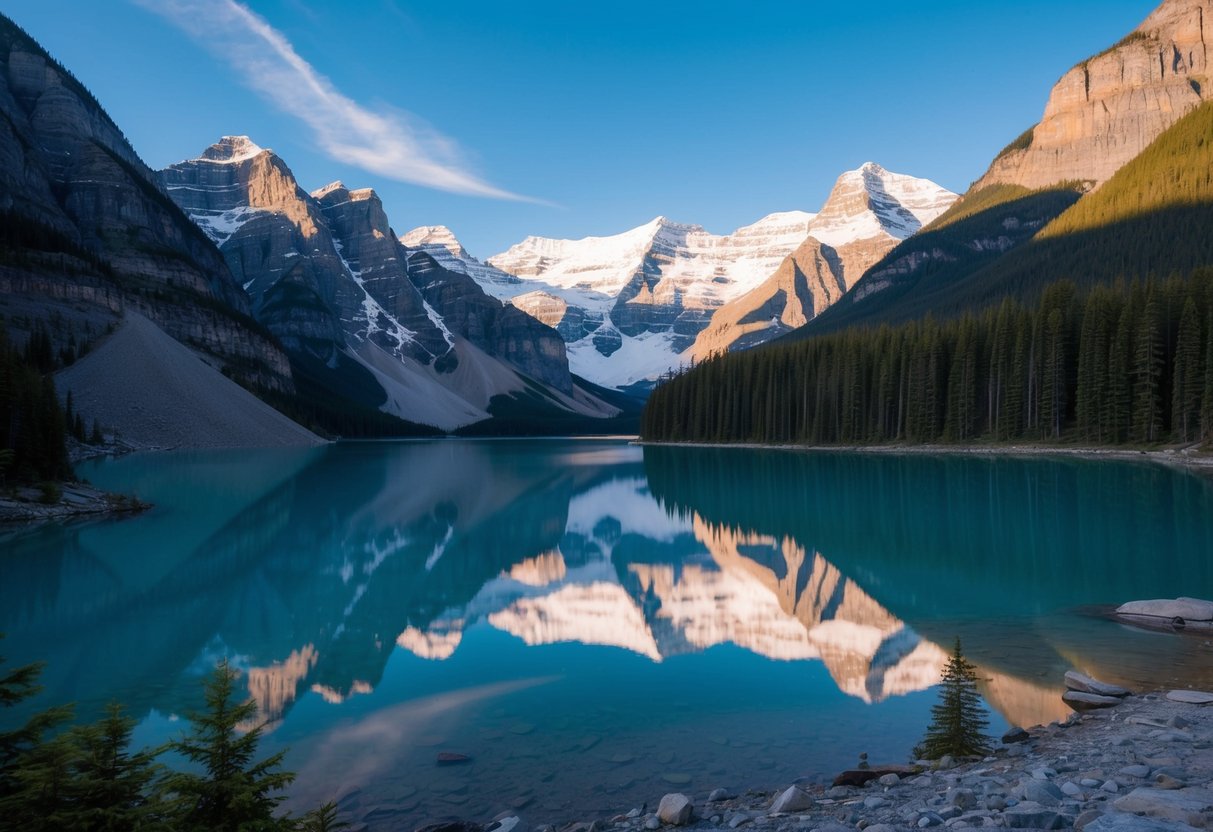 A serene lake surrounded by towering snow-capped mountains in Banff National Park, Canada