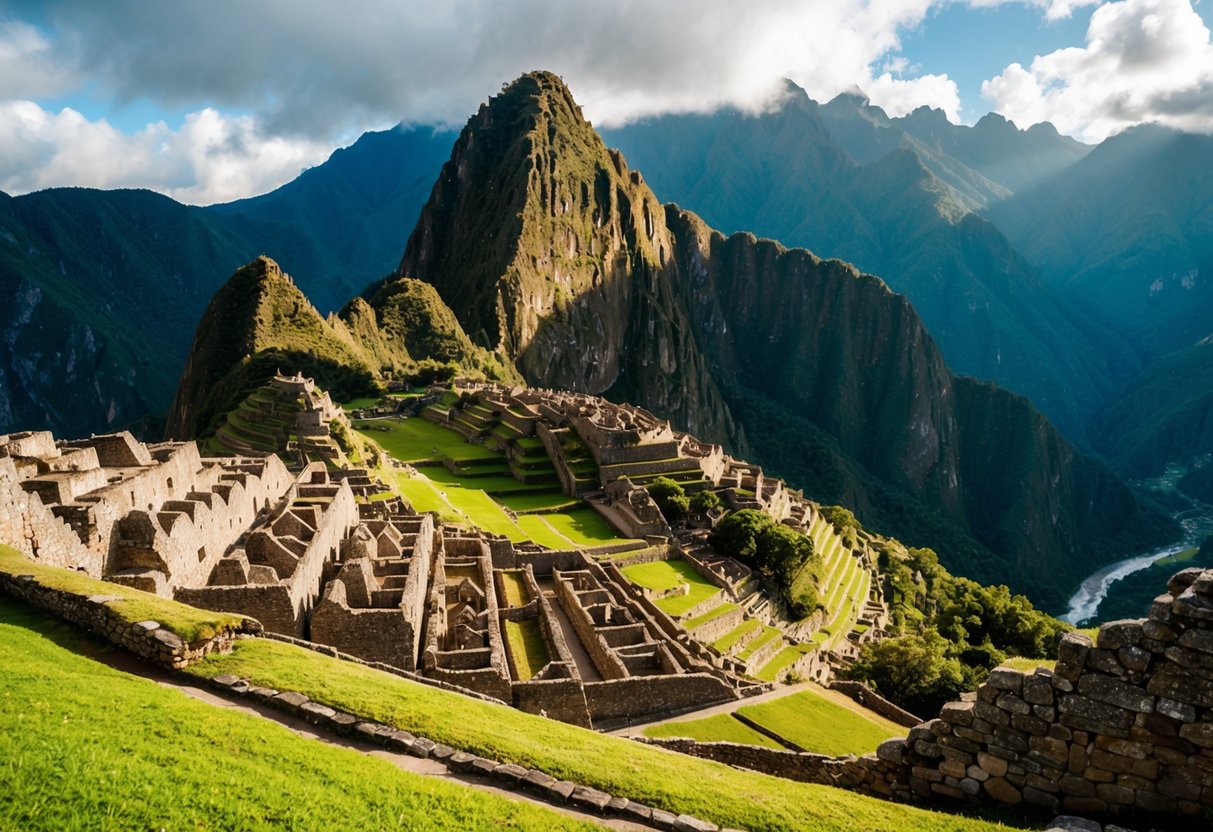 Overlooking ancient ruins, lush green mountains, and winding rivers at Machu Picchu, Peru