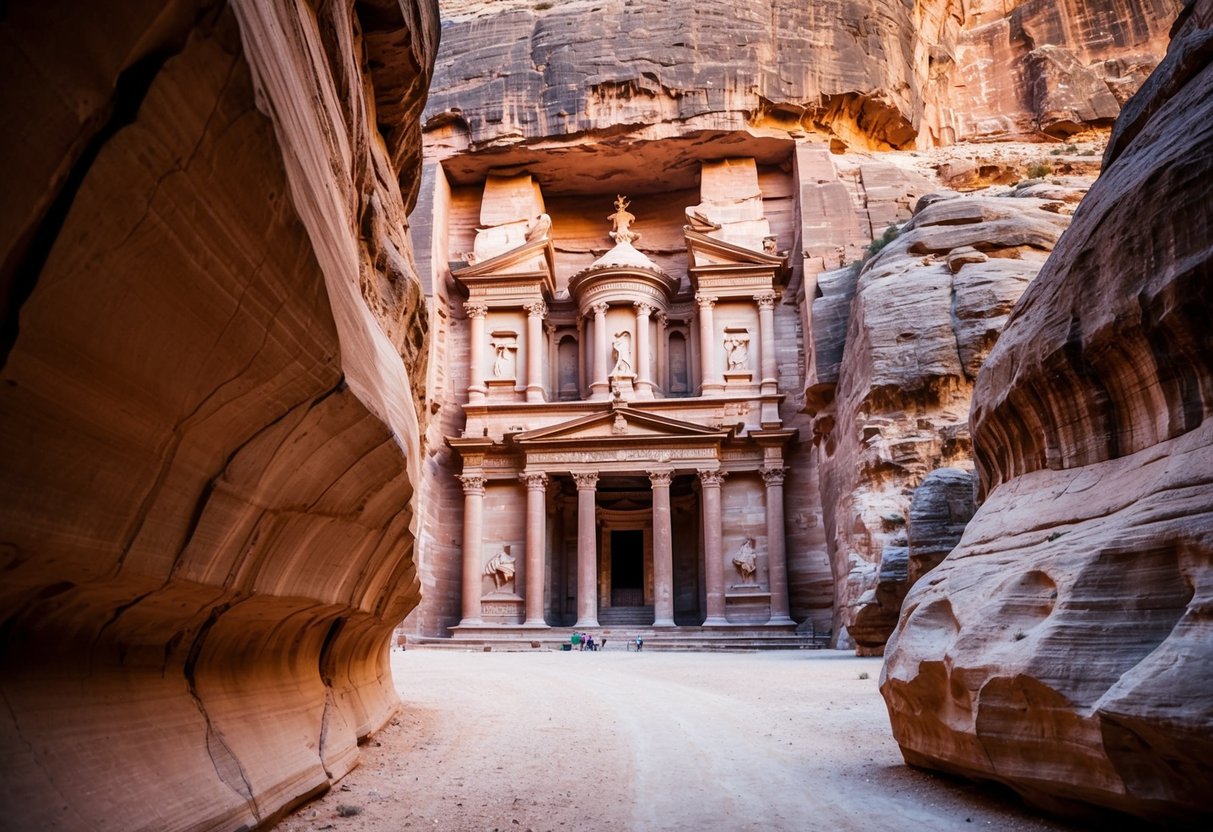 The iconic Treasury building in Petra, Jordan, framed by towering sandstone cliffs and a narrow canyon