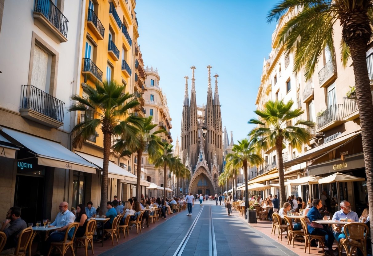 A bustling street in Barcelona, with colorful buildings, outdoor cafes, and palm trees lining the sidewalk. The iconic architecture of Gaudi's Sagrada Familia looms in the distance